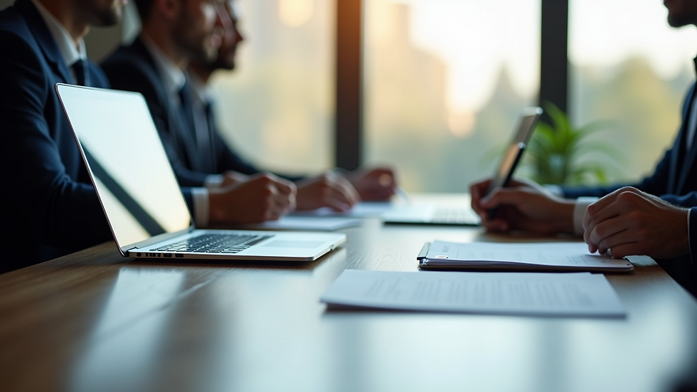 Eye-level view of a business meeting with laptops and documents on a table