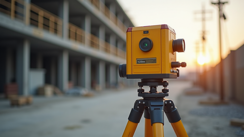 Eye-level view of a laser level on a tripod at a construction site