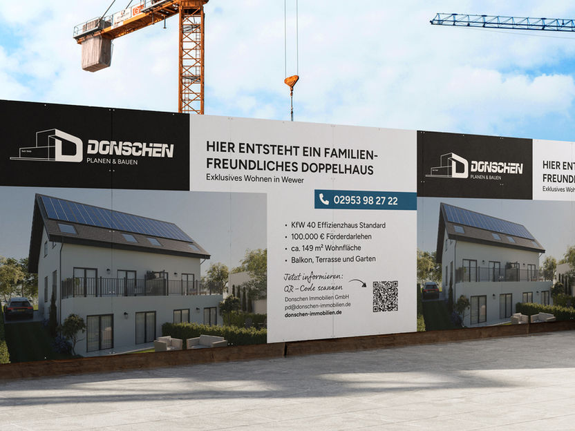 Bauzaunbanner der Donschen Immobilien GmbH für ein Neubauprojekt in Wewer mit Visualisierung des Wohnobjekts und Projektinformationen.