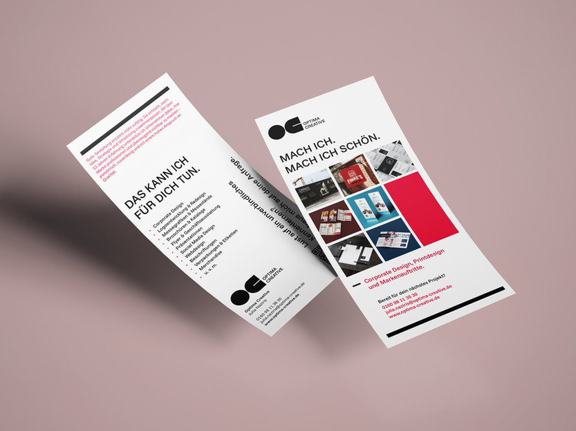 Zweiseitiger Flyer von Optima Creative mit Logo, Claim, Referenzarbeiten, Leistungen und Kontaktdaten.