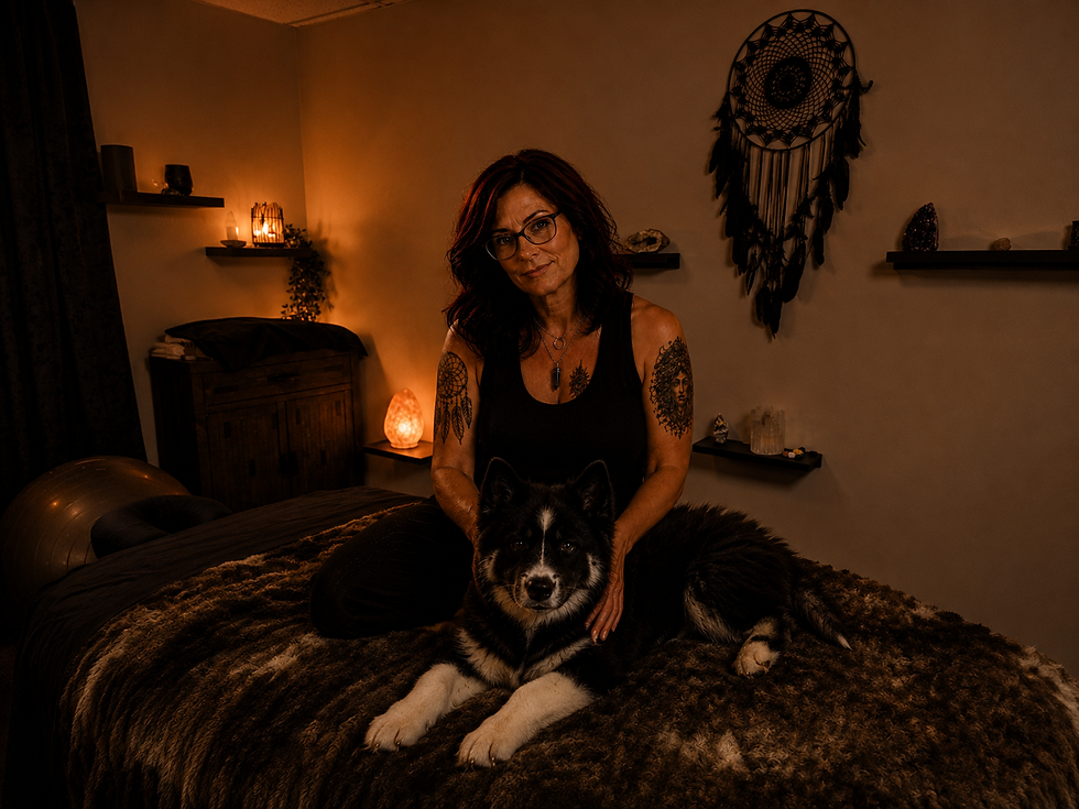 Onyx, an agouti Siberian Husky service dog in training, featured in the Wild & Regulated blog series at Rebel Wellness in West Des Moines, Iowa. The dark, moody wellness-themed image highlights nervous system healing, service dog training, sound bath energy, and the partnership between Onyx and Rebel Wellness founder Tammy.