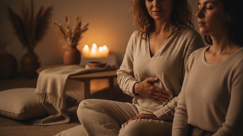 Close-up view of a wellness coach guiding a client through breathing exercises