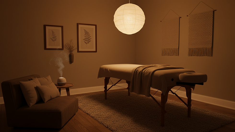 Eye-level view of a calm therapy room with massage table and soft lighting