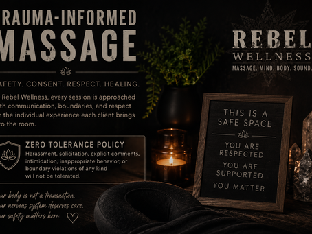 Dark moody Rebel Wellness graphic promoting trauma-informed massage therapy in West Des Moines, Iowa. The image highlights safety, consent, professionalism, nervous system care, and Rebel Wellness’s zero-tolerance policy for harassment, solicitation, explicit comments, and boundary violations within the wellness studio environment.