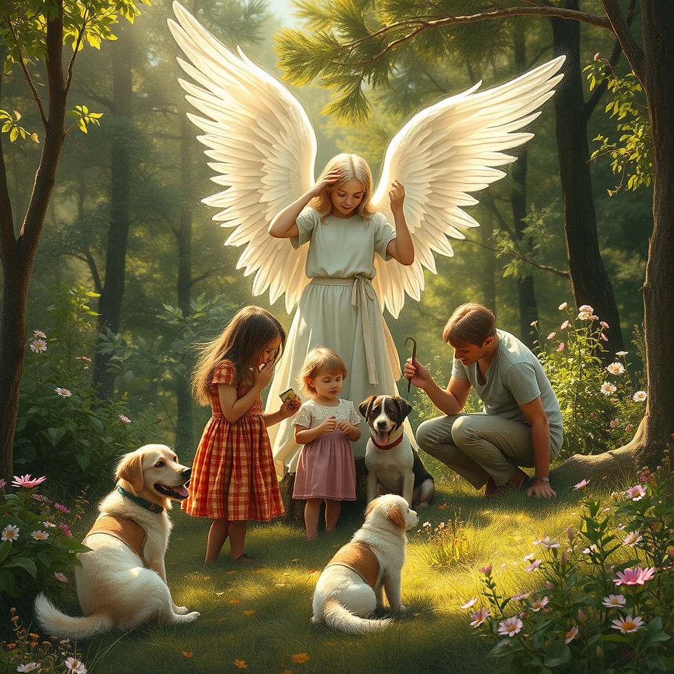 An angel with a father and his 2 daughters and their 3 pet dogs
