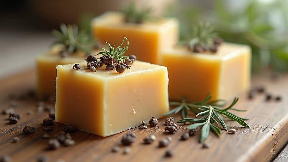 Eye-level view of organic soap bars with natural herbs on wooden surface
