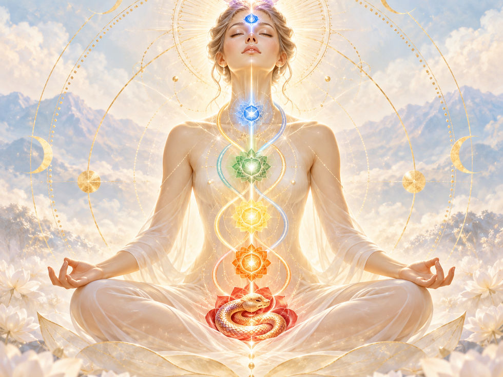 Meditating woman with chakra centres and a coiled serpent at the base of the spine, symbolising Kundalini rising within esoteric teachings.