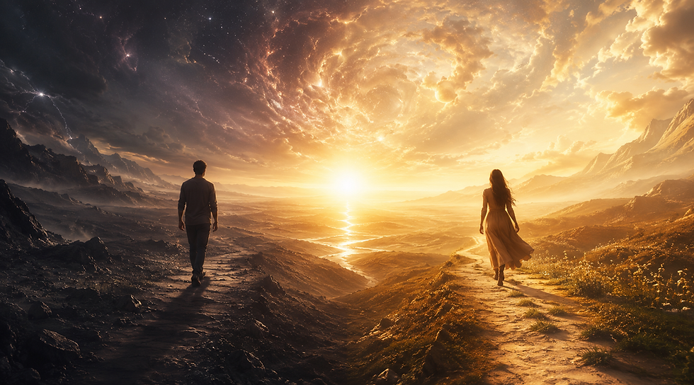 Image alt text
A man and woman walking separate paths towards the same golden light, symbolising the twin flame journey, healing and transformation.