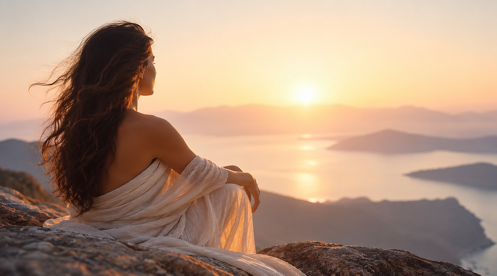 Woman watching the sunrise over the sea, symbolising raising your vibration, inner peace, emotional alignment and spiritual awareness.