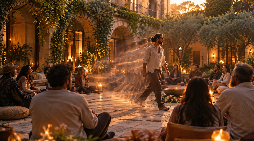 A man crossing a courtyard at dusk while people sit in a circle, representing twin flame soul recognition, energetic familiarity and an immediate sense of knowing someone.