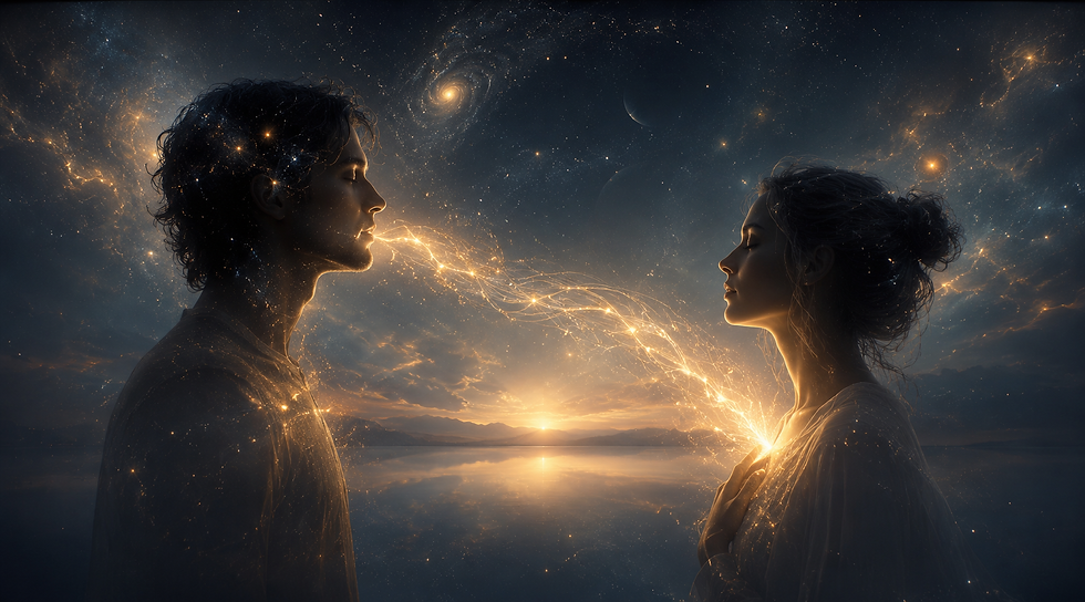 Two figures connected by golden light beneath a starry sky, symbolizing the spiritual bond explored in this twin flame poem.
