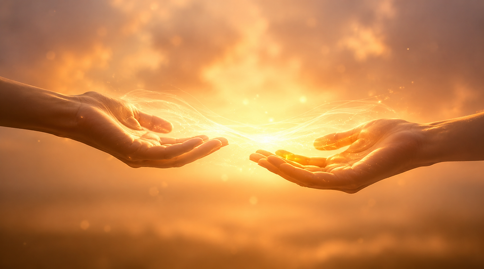 Two open hands reaching towards each other through golden light, symbolising real love as mutual giving, soul recognition and connection.