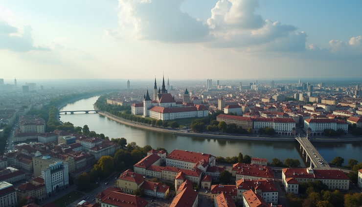 Widok na panoramę Warszawy z lotu ptaka, z widocznym Zamkiem Królewskim i Wisłą w tle