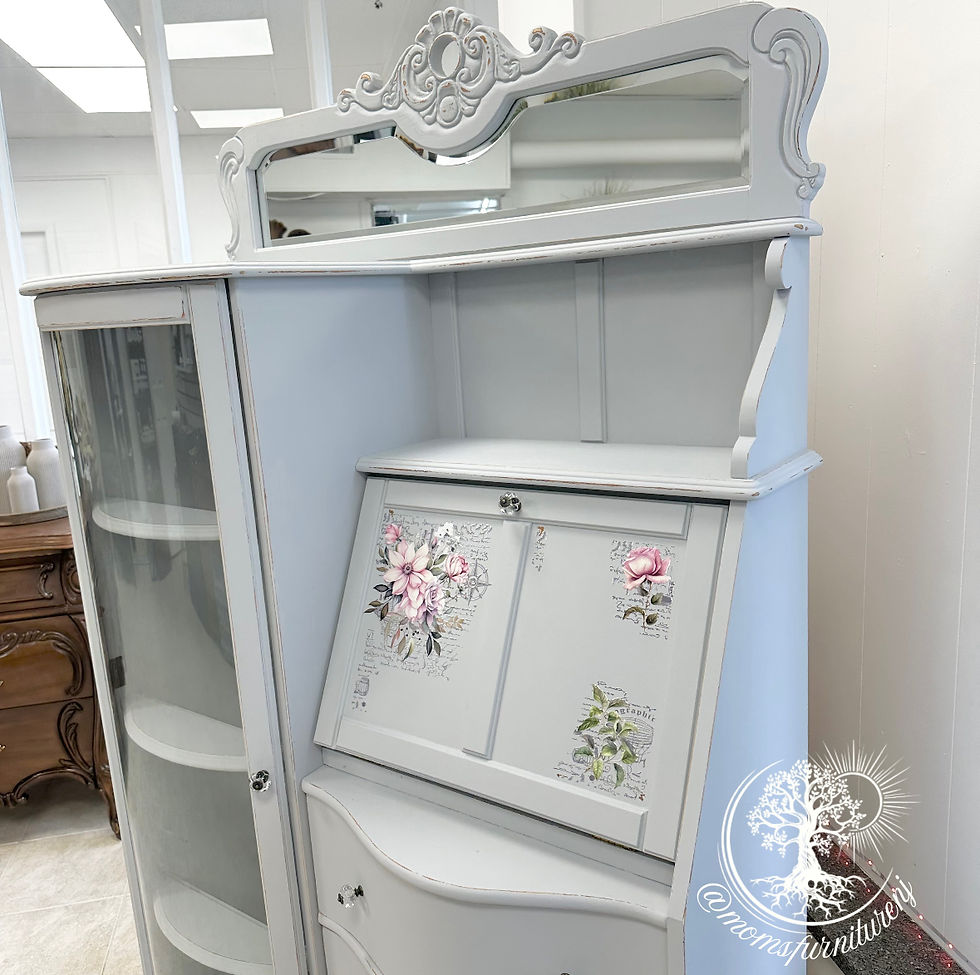 Thumbnail: Vintage Oak Side by Side Bent Glass door Curio and Secretary  & Beveled Mirror