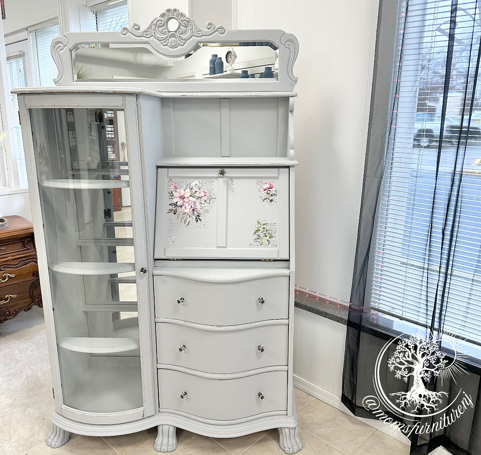 Thumbnail: Vintage Oak Side by Side Bent Glass door Curio and Secretary  & Beveled Mirror