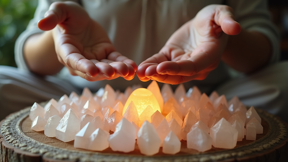 Close-up view of hands gently hovering over a crystal grid used in energy healing