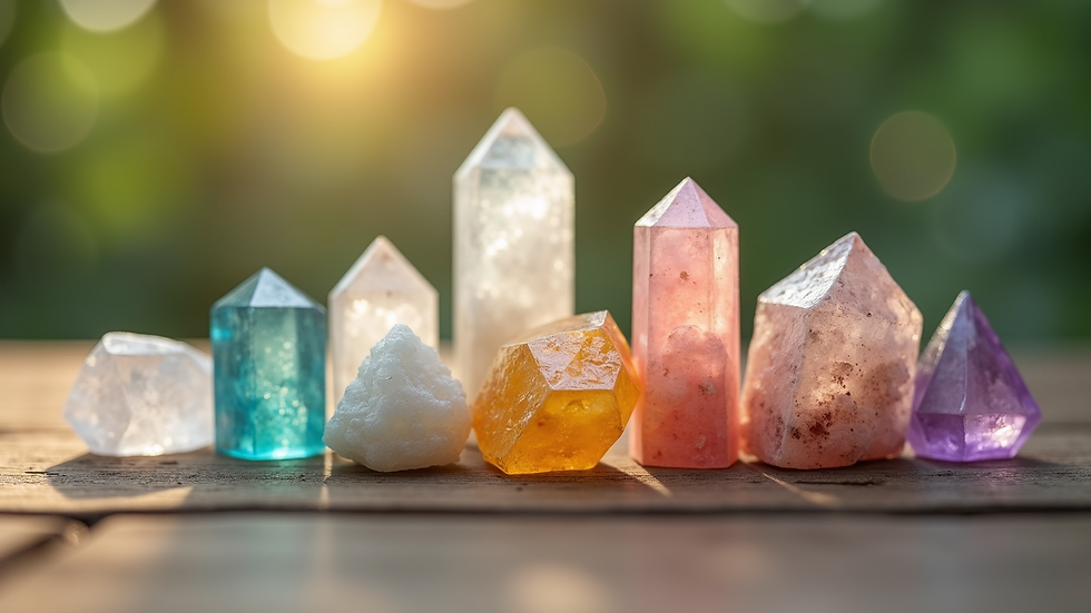 Close-up view of healing crystals arranged on a wooden surface