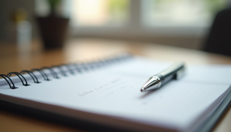 Vista a nivel de ojo de una libreta con notas y un bolígrafo, representando la planificación estratégica de comunicación