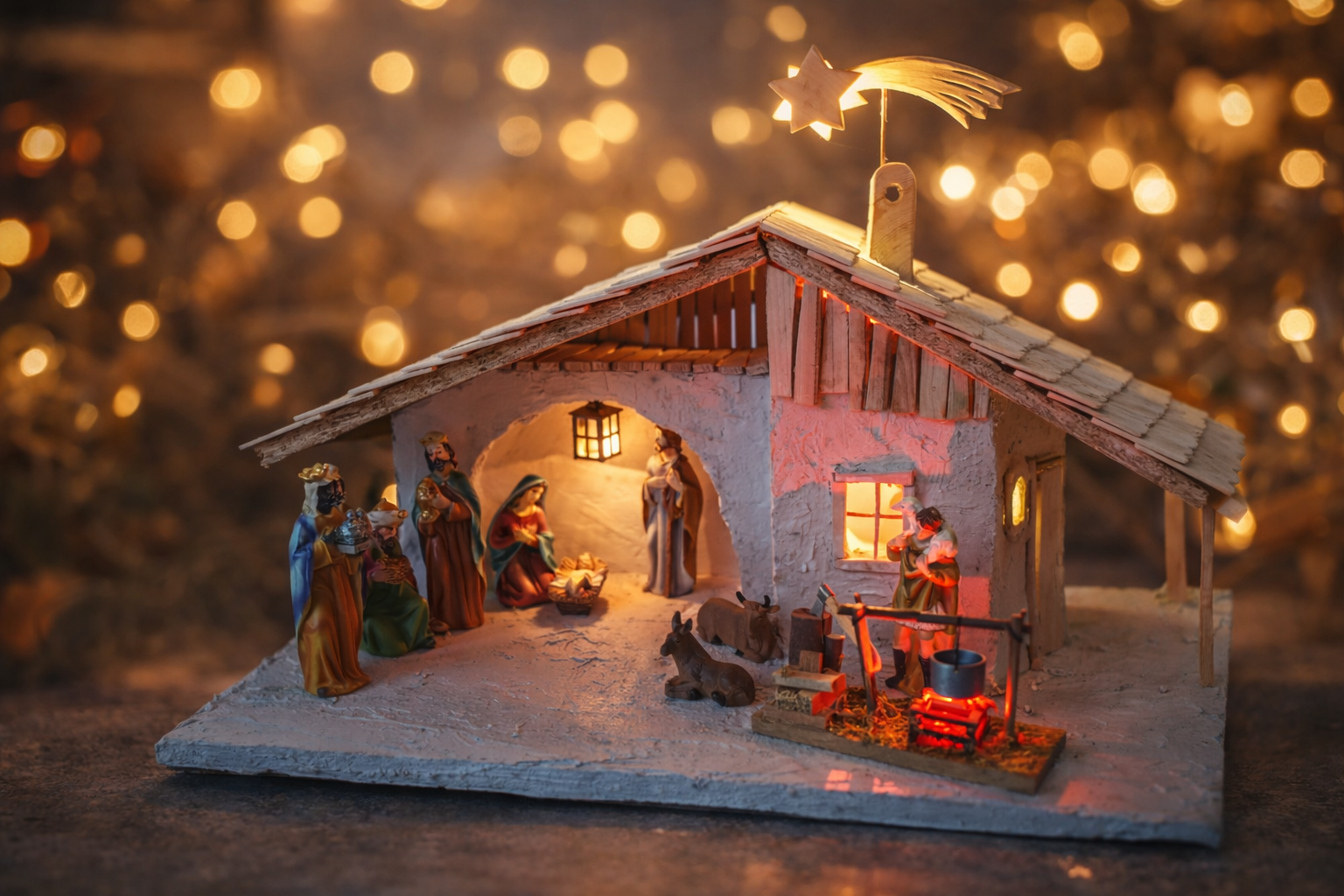 Stimmungsvolle Weihnachtskrippe mit Beleuchtung