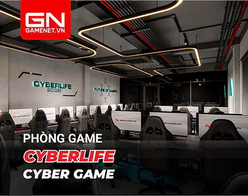 CYBERLIFE định hình theo phong cách Đấu Trường SuperVIP Lounge – nơi cảm giác “lạnh” chuẩn tech gặp sự sang gọn của không gian lounge cao cấp. Nền xám bê tông – đen matte tối giản làm phông chính, nổi bật bởi LED line vàng ấm chạy viền trần và neon xanh cyan ở bảng hiệu/điểm nhấn, tạo nên một “cyber arena” hiện đại: gọn, chất và cực hút mắt khi lên hình.
