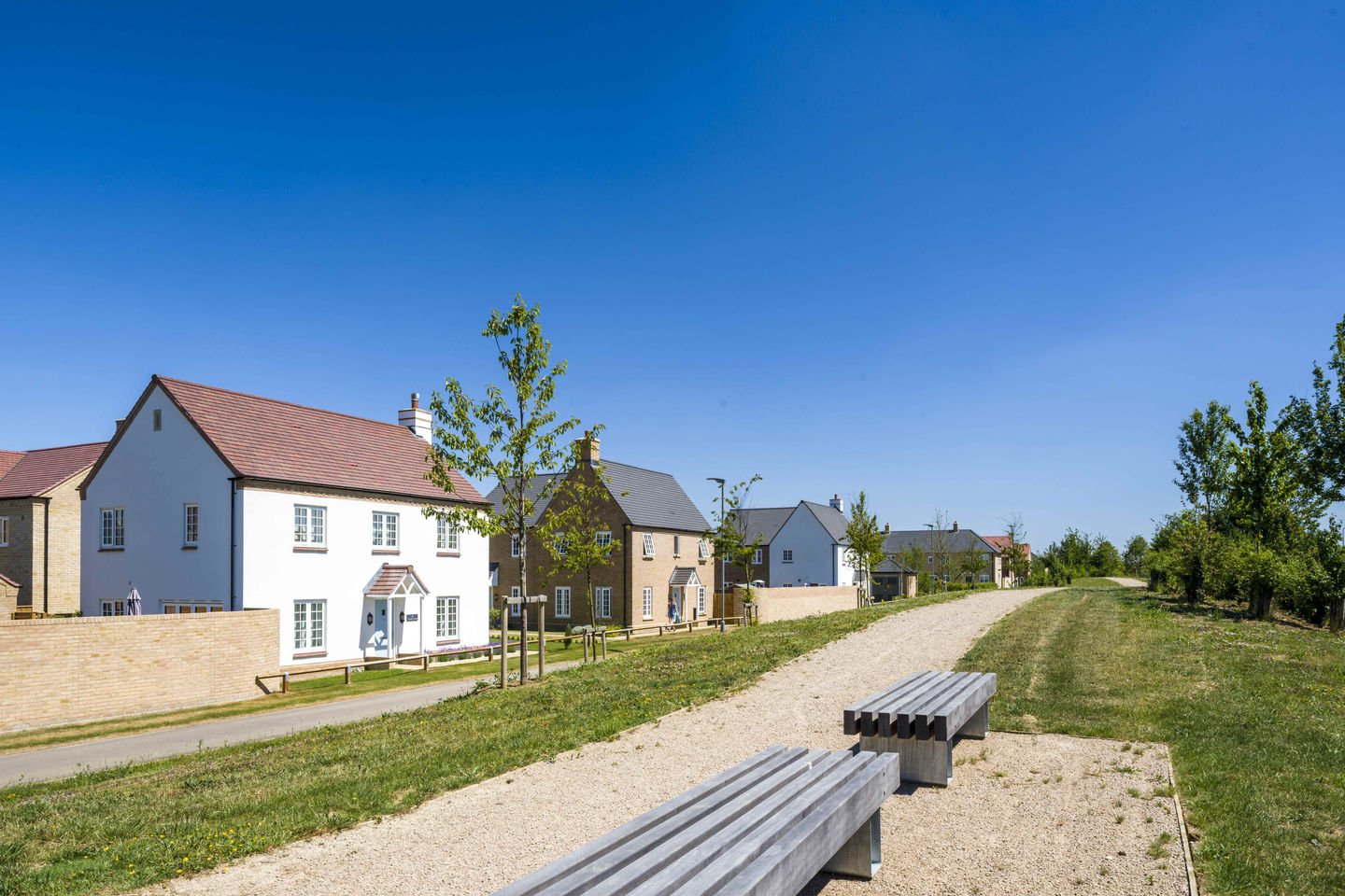 A gravel path, lined with grass, two wooden benches and and houses facing the public footpath.