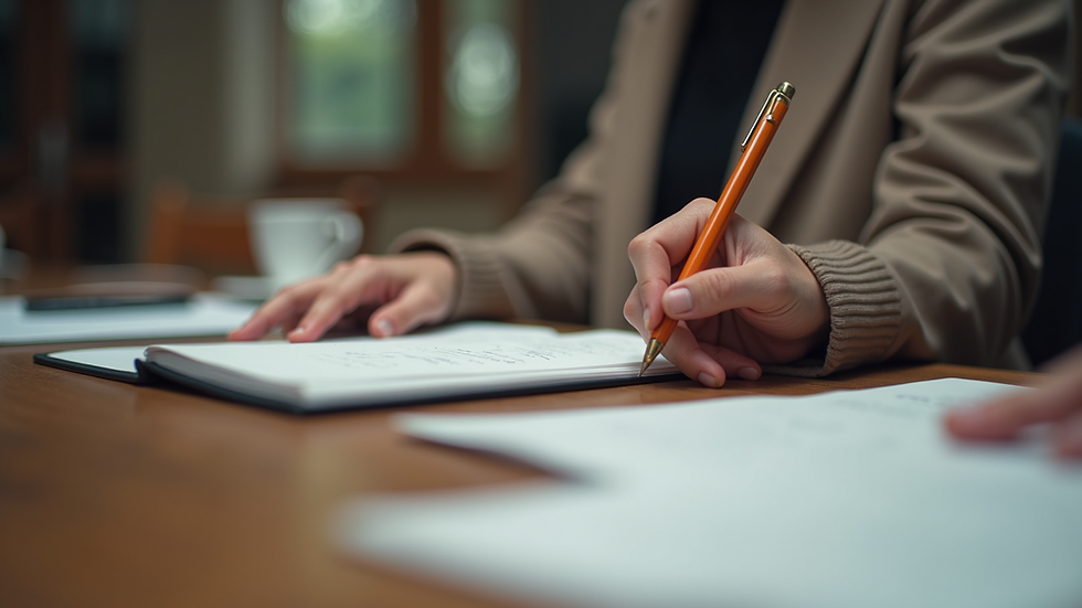 Eye-level view of a person writing in a notebook at a wooden desk