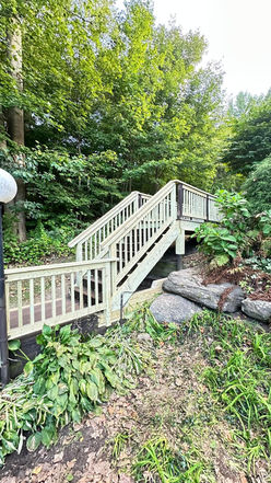 Wooden staircase surrounded by lush greenery.