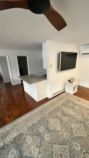 Living room with TV, rug, and hardwood floors.