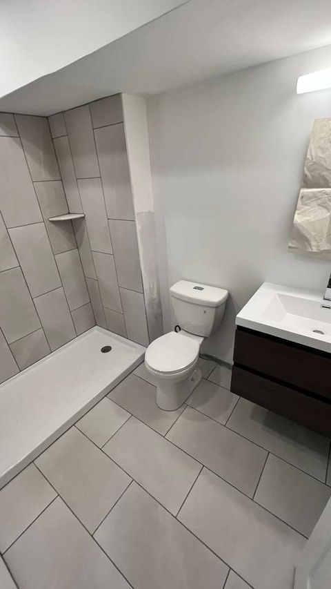 Modern bathroom with shower, toilet, and sink.
