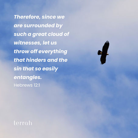 A lone red-tailed hawk soars against a blue sky with clouds. White text quotes Hebrews 12:1, conveying a message of shedding hindrances.