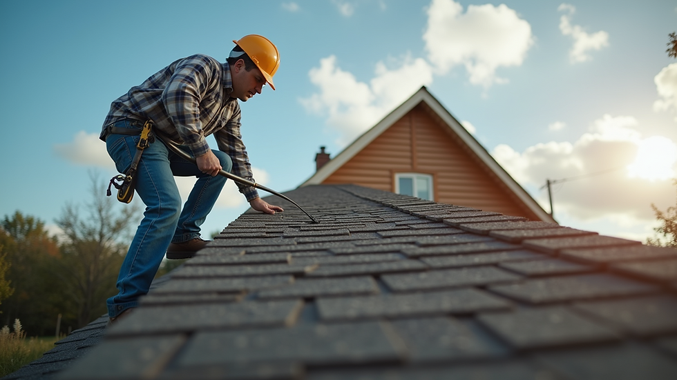 Eye-level view of a home inspector examining the roof of a house