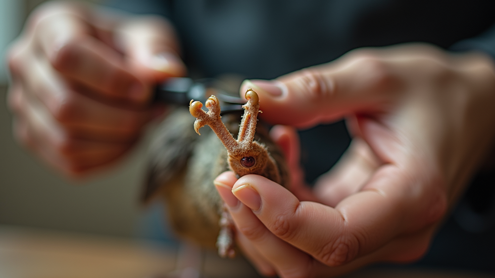 Eye-level view of a bird’s foot being gently held for nail trimming