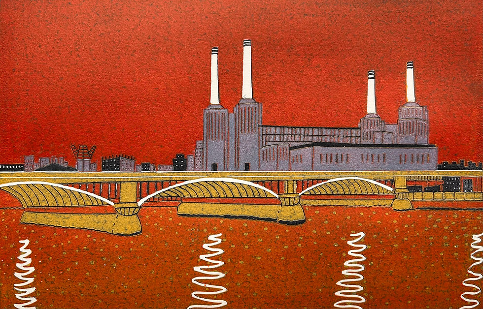 'Battersea Power Station' lino reduction.  Nathalie Pymm 