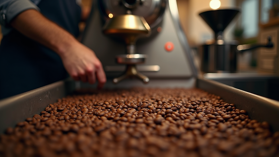Eye-level view of a speciality coffee roaster inspecting roasted beans