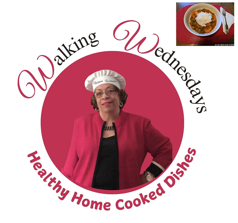Picture with Elinor McNeel wearing a chefs hat that says Walking Wednesdays. The words around the picture read, "Walking Wednesdays, Healthy Home Cooked Dishes."