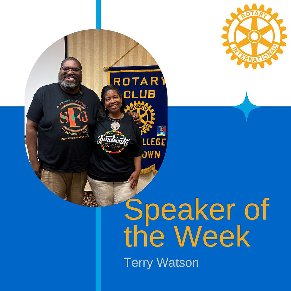 Picture of Terry Watson (SFJ Founder) & Leslie Laing (SFJ Board member) with the Rotary Club "Speaker of the week" background.