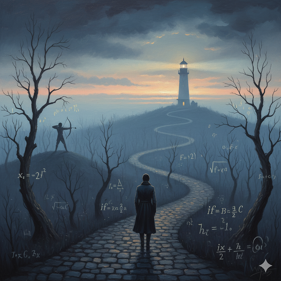 Surrealer Pfad zu unerreichbarem Leuchtturm bei Dämmerung, Person läuft, links Bogenschütze. Symbolisiert Streben.