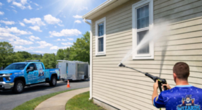 Man powerwashing a home with his branded truck in the background