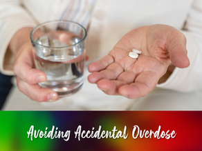 Person holding a glass of water in one hand and two pills in the other, with the text “Avoiding Accidental Overdose” displayed below.