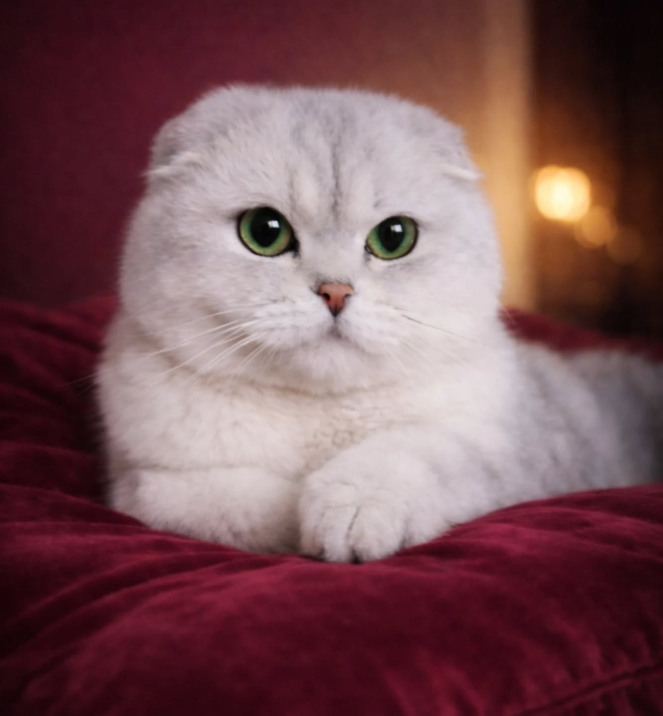 White Scottish Fold cat lying on a maroon blanket, looking at the camera with a royal expression, folded ears, soft silver-tipped fur, and bright green eyes.