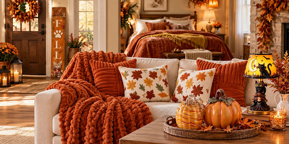 Cozy fall living room decorated with burnt orange throw blankets, terracotta and leaf-pattern pillows, glass and ceramic pumpkins, a black cat Halloween lamp, and a tall cat-themed fall porch sign.