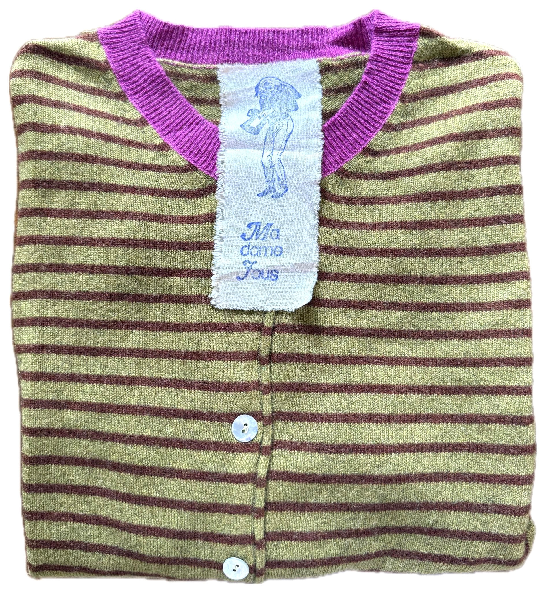 Nuovo Cardigan Ubaldo riga Verde Acido/ Cioccolato contrasto Fucsia