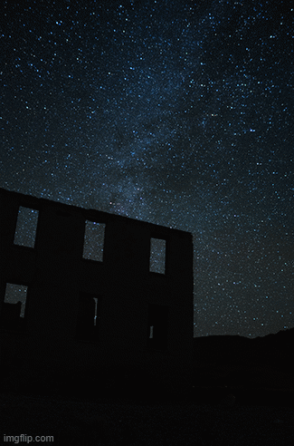 Night passes at Rhyolite ghost town in Nevada