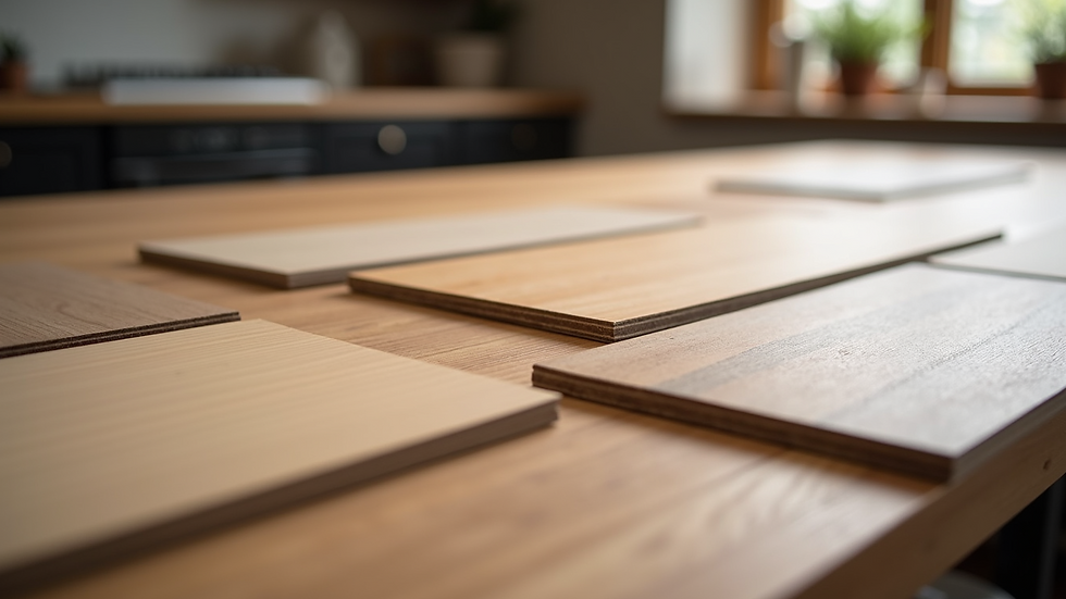 High angle view of laminate samples arranged on a table for selection