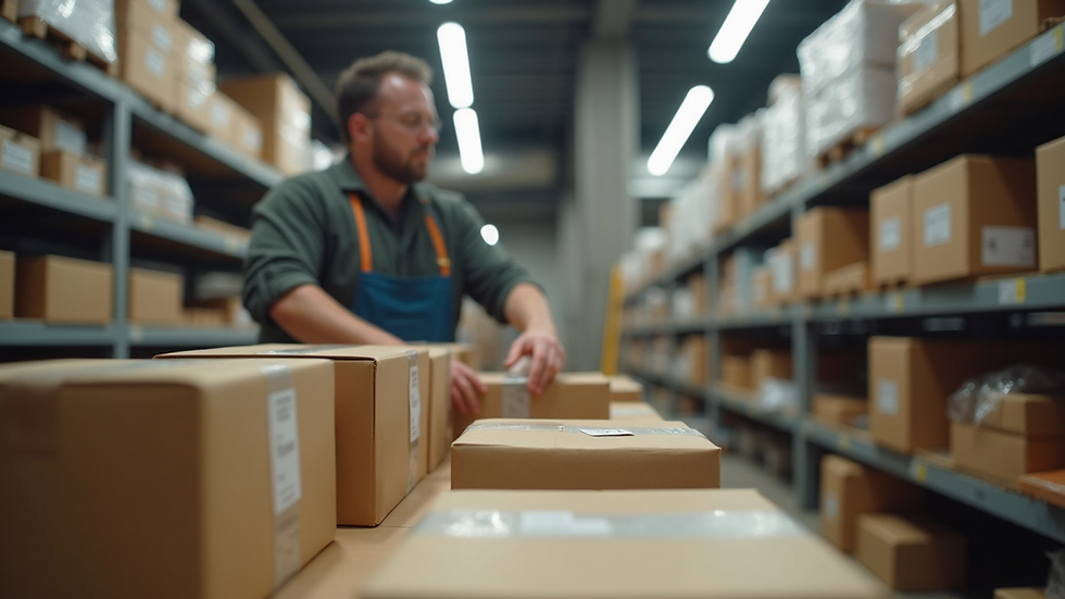 Eye-level view of a UK-based small business owner packing products for delivery