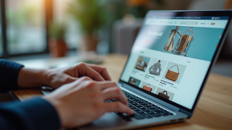 Close-up view of a person typing on a laptop with ecommerce website on screen