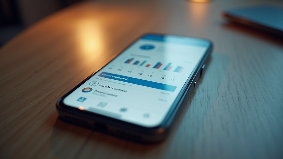 Eye-level view of a smartphone displaying a social media marketing dashboard