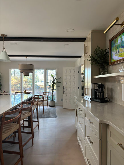 ACCESSIBLE BEIGE CABINETS, VINTAGE RUNER, KITCHEN, SHRWIN WILLIAMS, TILE FLOOR, CEILING BEAMS, CAFE APPLIANCES, FRAME TV