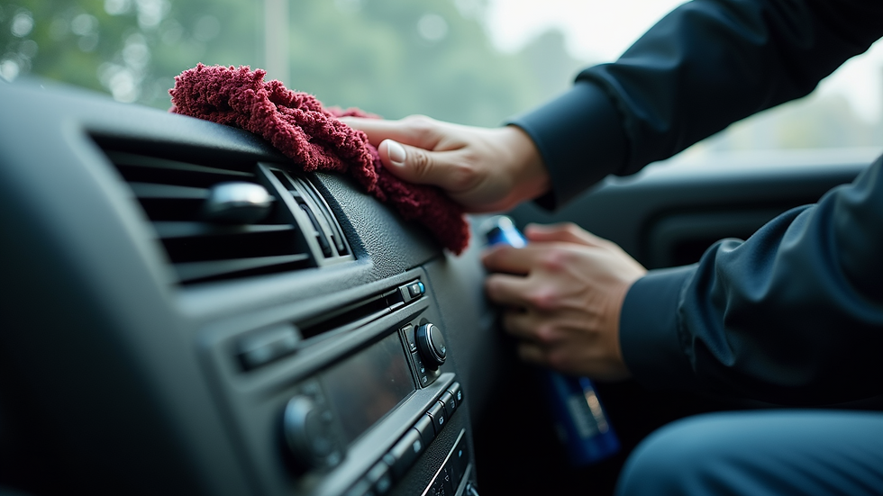 Close-up view of a mobile detailer cleaning a car’s interior dashboard