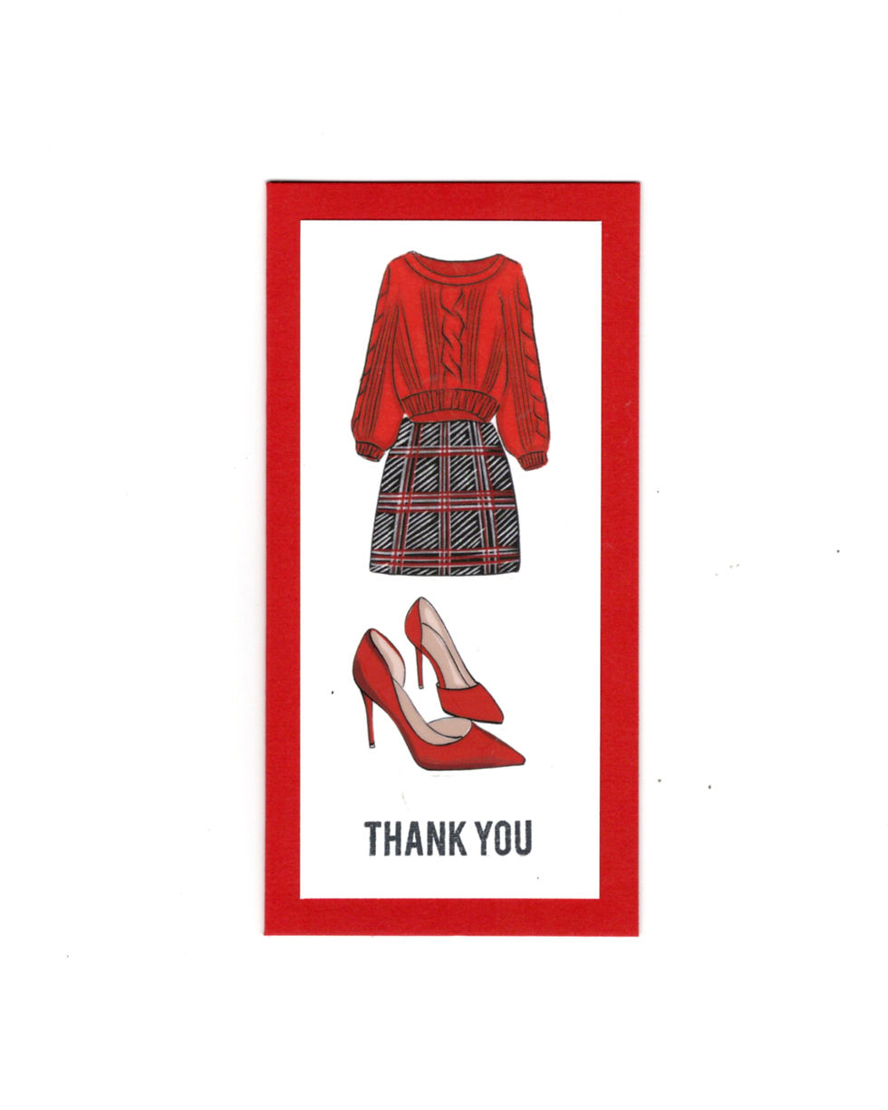 Red sweater and black plaid skirt with red shoes